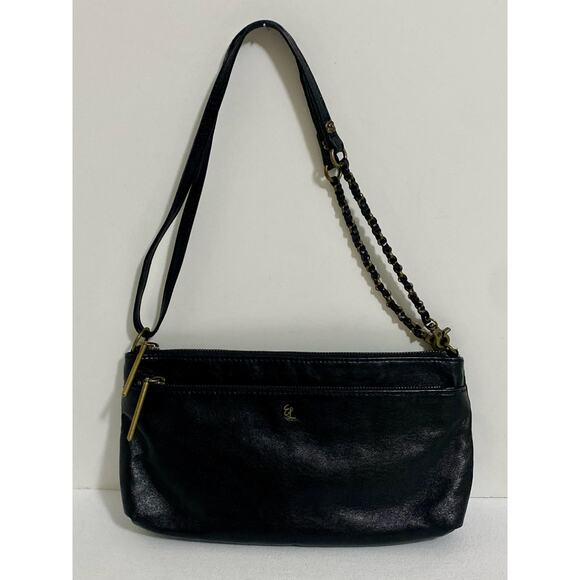 Elliott Lucca Leather Handbag Black Purse Chain Accents Neutral Slim Clutch - Picture 1 of 14